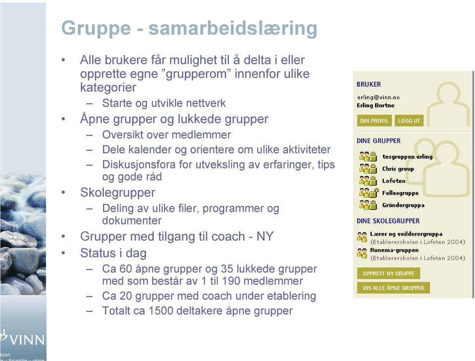 erfaringer, tips og gode råd Skolegrupper Deling av ulike filer, programmer og dokumenter Grupper med tilgang til coach - NY Status i dag Ca 60