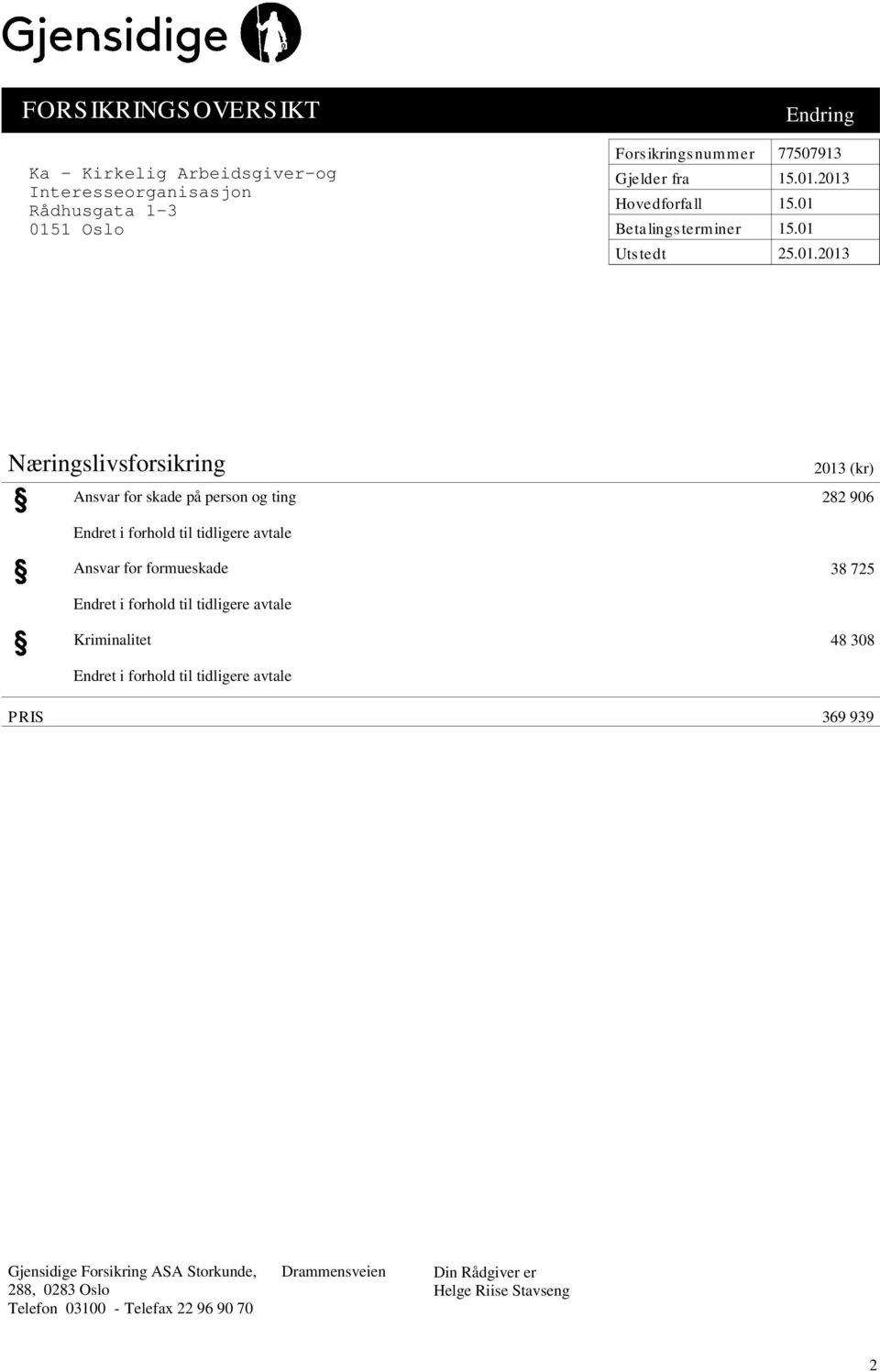 avtale Ansvar for formueskade 38 725 Endret i forhold til tidligere avtale Kriminalitet 48 308 Endret i forhold til tidligere avtale PRIS 369 939