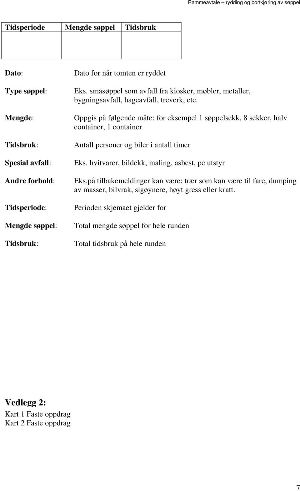 Oppgis på følgende måte: for eksempel 1 søppelsekk, 8 sekker, halv container, 1 container Antall personer og biler i antall timer Eks.