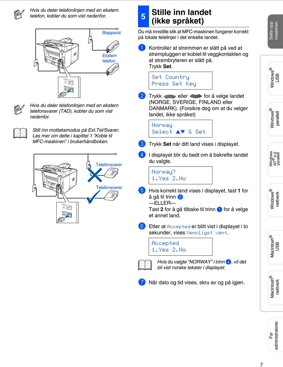 Telefonsvarer Telefonsvarer 5 Stille inn landet (ikke språket) Du må innstille slik at MFC-maskinen fungerer korrekt på lokale telelinjer i det enkelte landet.