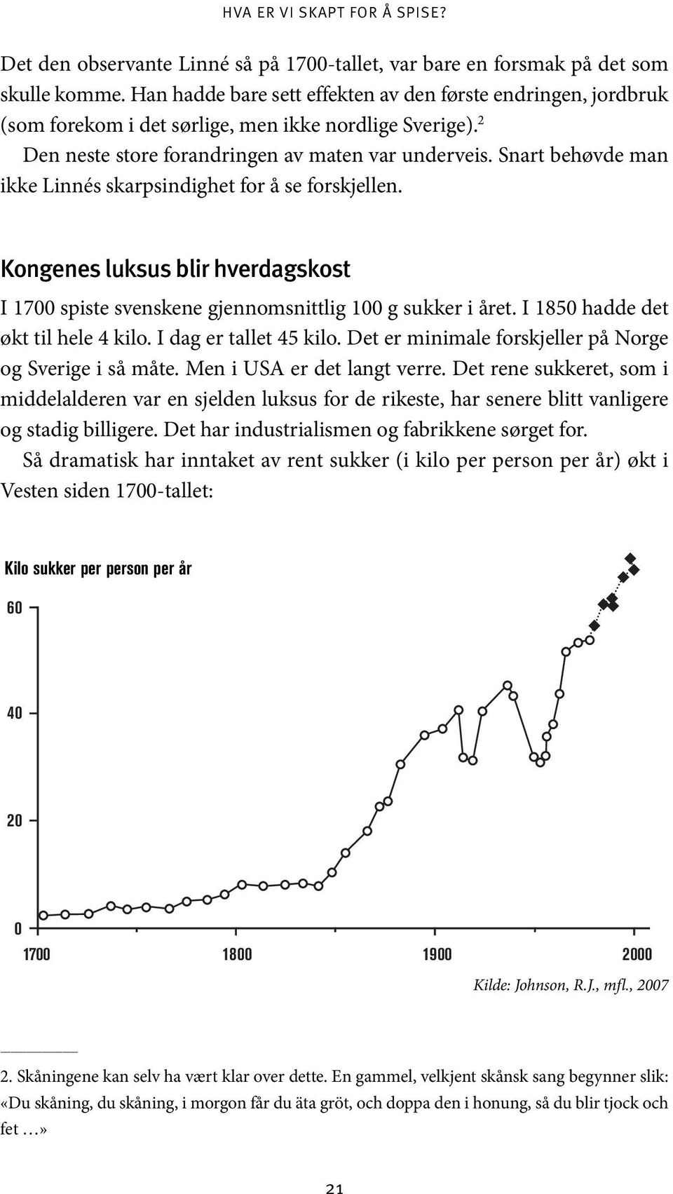 Snart behøvde man ikke Linnés skarpsindighet for å se forskjellen. Kongenes luksus blir K hverdagskost I 1700 spiste svenskene gjennomsnittlig 100 g sukker i året.