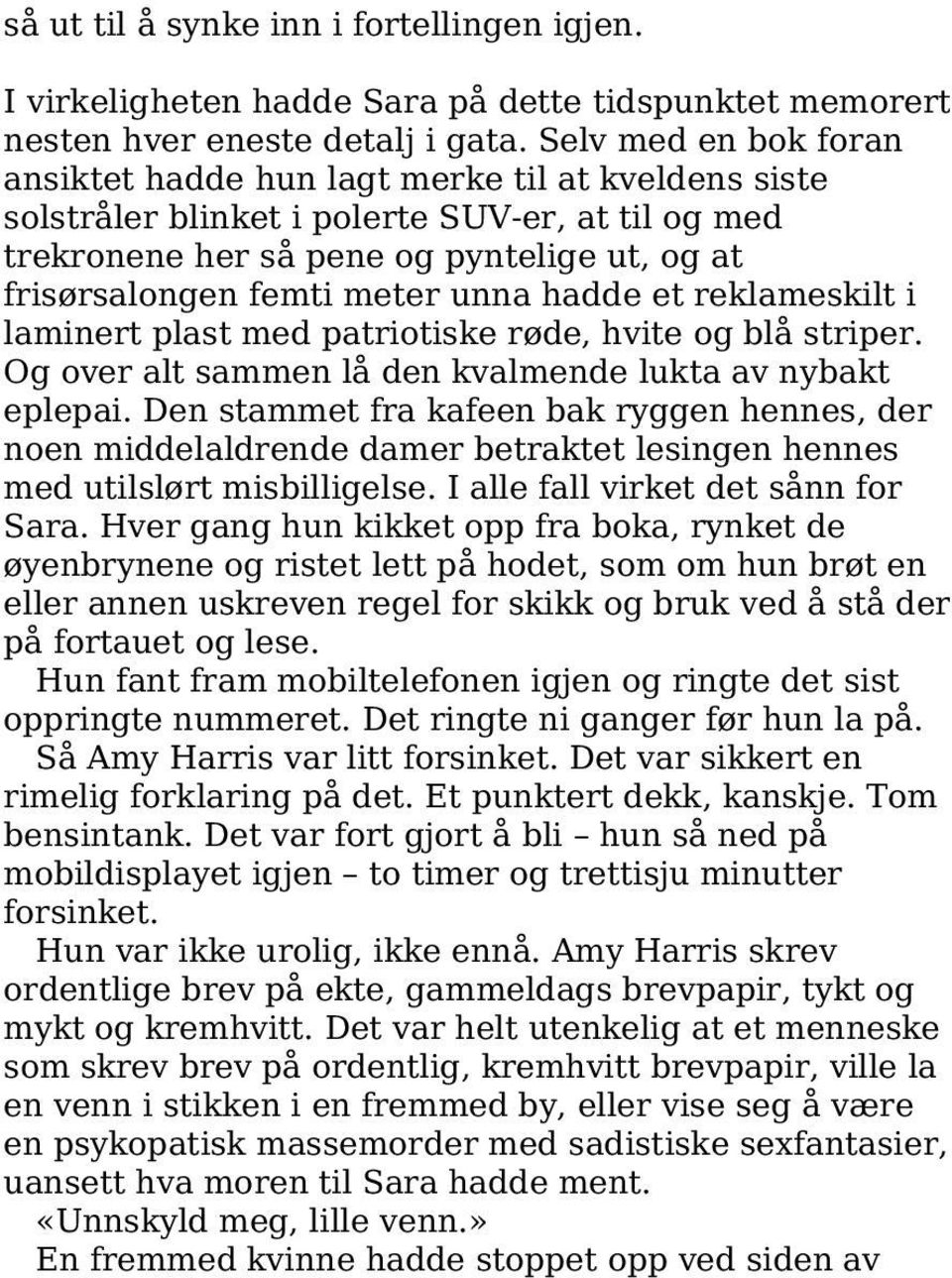 unna hadde et reklameskilt i laminert plast med patriotiske røde, hvite og blå striper. Og over alt sammen lå den kvalmende lukta av nybakt eplepai.