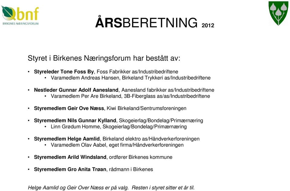 Birkeland/Sentrumsforeningen Styremedlem Nils Gunnar Kylland, Skogeierlag/Bondelag/Primærnæring Linn Grødum Homme, Skogeierlag/Bondelag/Primærnæring Styremedlem Helge Aamlid, Birkeland elektro