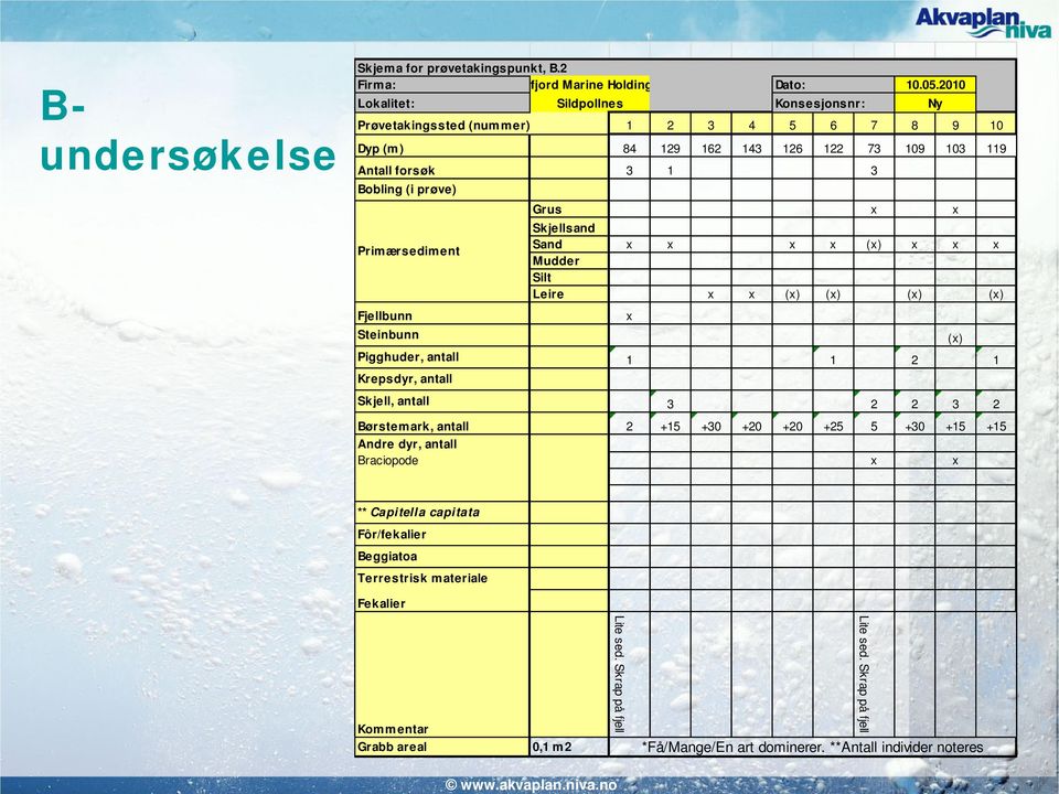 Skjellsand Sand x x x x (x) x x x Mudder Silt Leire x x (x) (x) (x) (x) x Pigghuder, antall 1 1 2 1 Krepsdyr, antall (x) Skjell, antall 3 2 2 3 2 Børstemark, antall 2 +15 +30 +20 +20 +25 5