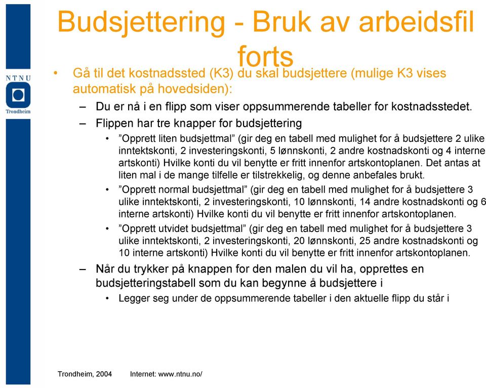 Flippen har tre knapper for budsjettering Opprett liten budsjettmal (gir deg en tabell med mulighet for å budsjettere 2 ulike inntektskonti, 2 investeringskonti, 5 lønnskonti, 2 andre kostnadskonti