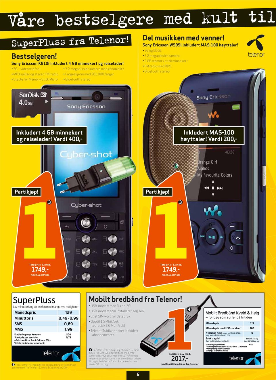 Sony Ericsson W595i inkludert MAS-100 høyttaler! 3G og EDGE 3,2 megapiksler kamera 2 GB memory stick minnekort FM radio med RDS Bluetooth stereo Inkludert 4 GB minnekort og reiselader!