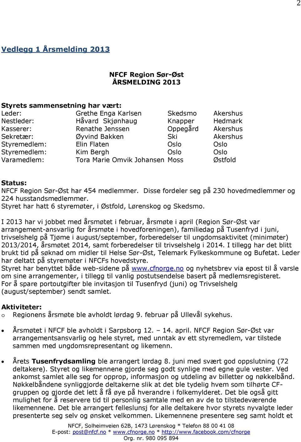 NFCF Region Sør-Øst har 454 medlemmer. Disse fordeler seg på 230 hovedmedlemmer og 224 husstandsmedlemmer. Styret har hatt 6 styremøter, i Østfold, Lørenskog og Skedsmo.