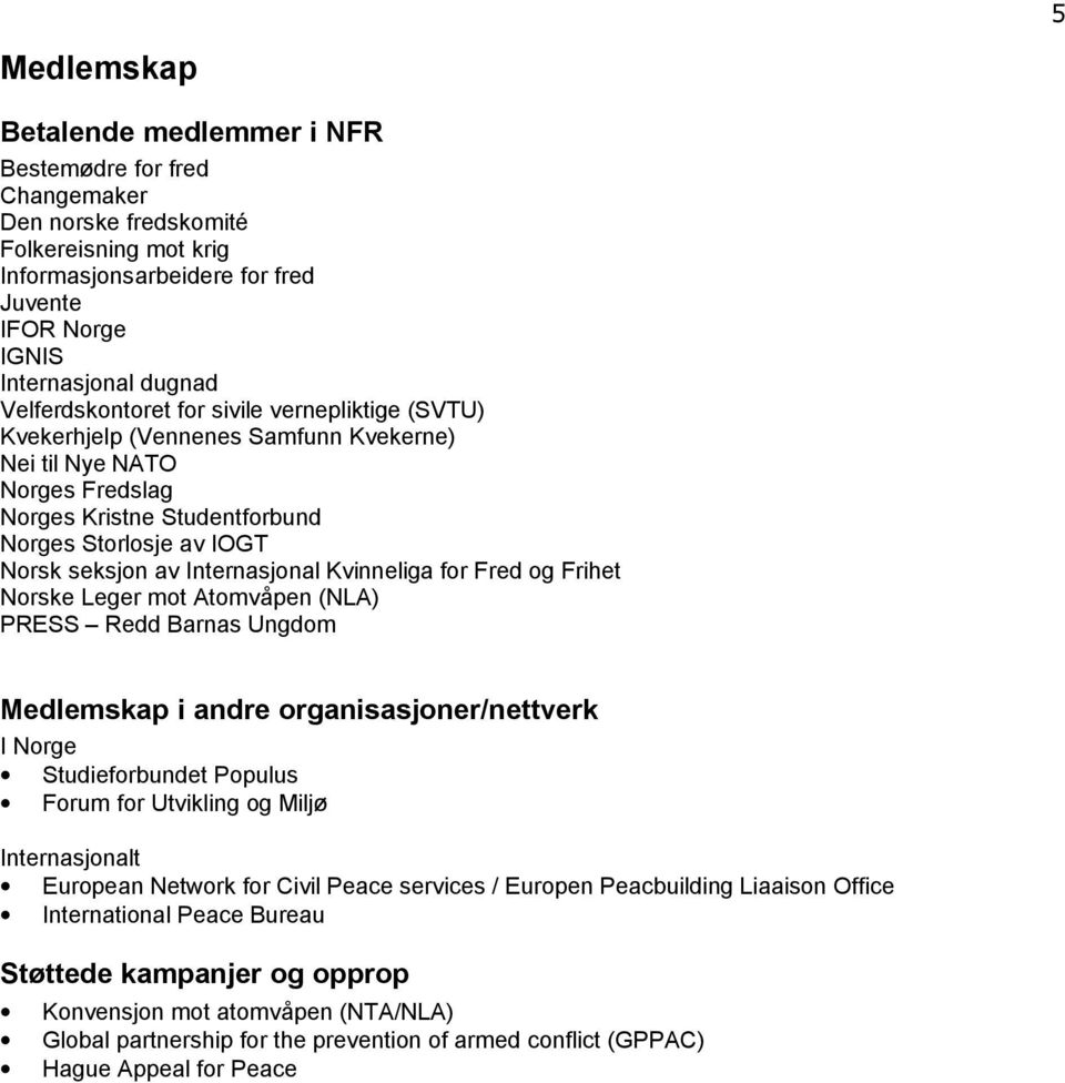 Internasjonal Kvinneliga for Fred og Frihet Norske Leger mot Atomvåpen (NLA) PRESS Redd Barnas Ungdom Medlemskap i andre organisasjoner/nettverk I Norge Studieforbundet Populus Forum for Utvikling og