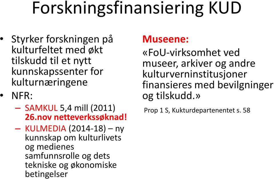 KULMEDIA (2014-18) ny kunnskap om kulturlivets og medienes samfunnsrolle og dets tekniske og økonomiske