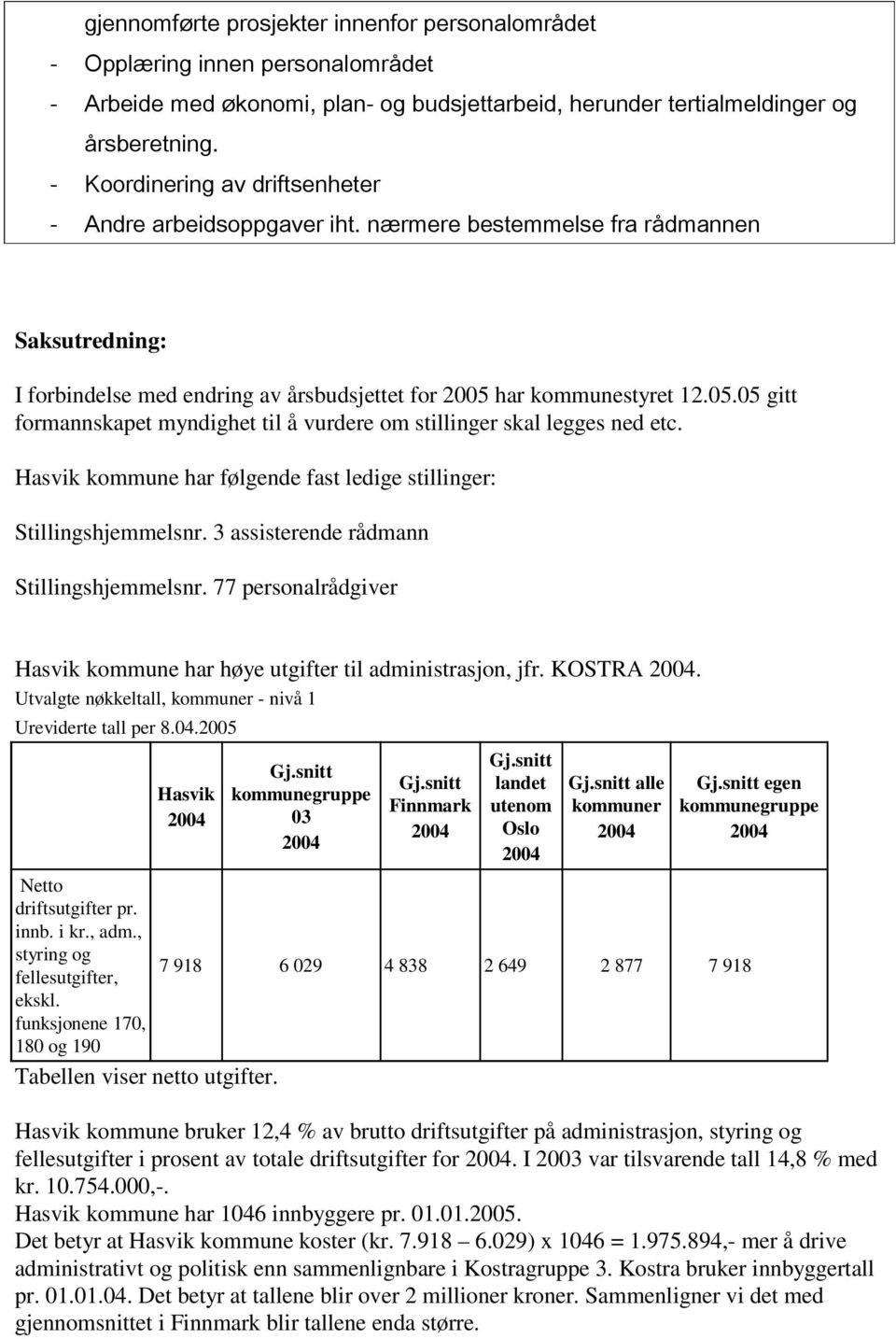 har kommunestyret 12.05.05 gitt formannskapet myndighet til å vurdere om stillinger skal legges ned etc. Hasvik kommune har følgende fast ledige stillinger: Stillingshjemmelsnr.