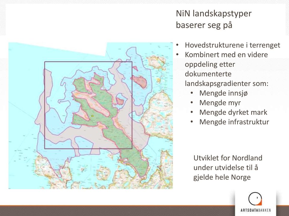 landskapsgradienter som: Mengde innsjø Mengde myr Mengde dyrket