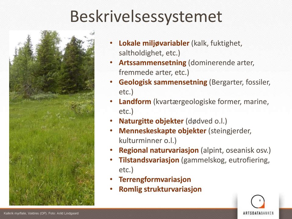 ) Landform (kvartærgeologiske former, marine, etc.) Naturgitte objekter (dødved o.l.) Menneskeskapte objekter (steingjerder, kulturminner o.