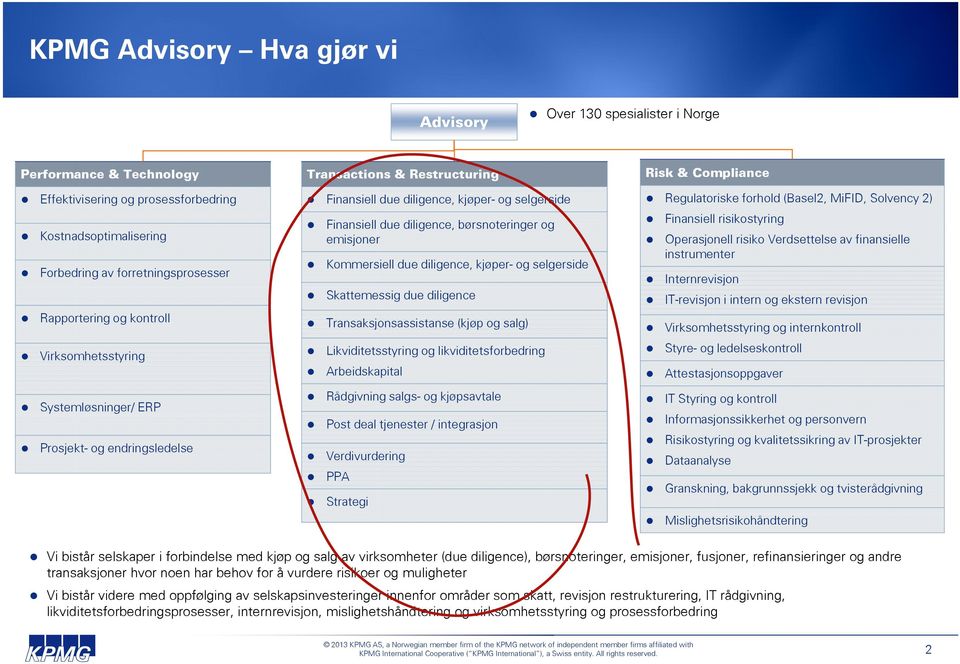 diligence, børsnoteringer og emisjoner Kommersiell due diligence, kjøper- og selgerside Skattemessig due diligence Transaksjonsassistanse (kjøp og salg) Likviditetsstyring og likviditetsforbedring