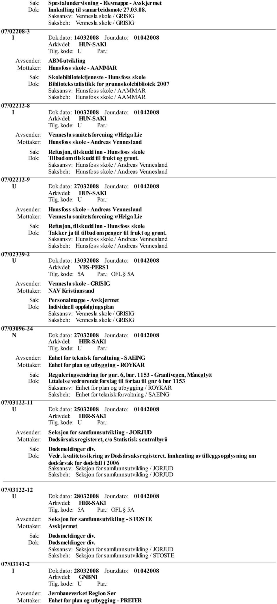 07/02212-8 I Dok.dato: 10032008 Jour.dato: Vennesla sanitetsforening v/helga Lie Hunsfoss skole - Andreas Vennesland Refusjon, tilskudd inn - Hunsfoss skole Tilbud om tilskudd til frukt og grønt.