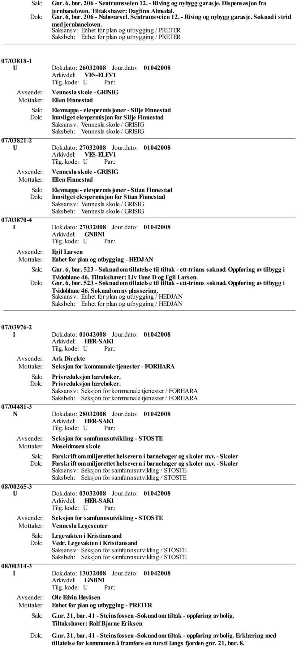 dato: 27032008 Jour.dato: Vennesla skole - GRISIG Ellen Finnestad Elevmappe - elevpermisjoner - Stian Finnestad Innvilget elevpermisjon for Stian Finnestad 07/03870-4 I Dok.dato: 27032008 Jour.dato: Egil Larsen Enhet for plan og utbygging - HEDJAN Gnr.