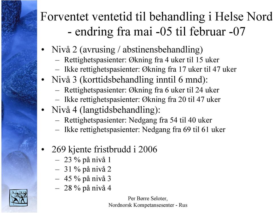 Rettighetspasienter: Økning fra 6 uker til 24 uker Ikke rettighetspasienter: Økning fra 20 til 47 uker Nivå 4 (langtidsbehandling):