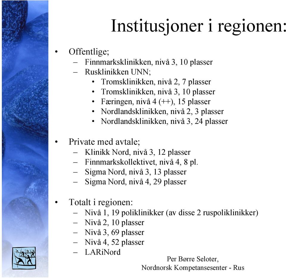 plasser Private med avtale; Klinikk Nord, nivå 3, 12 plasser Finnmarkskollektivet, nivå 4, 8 pl.
