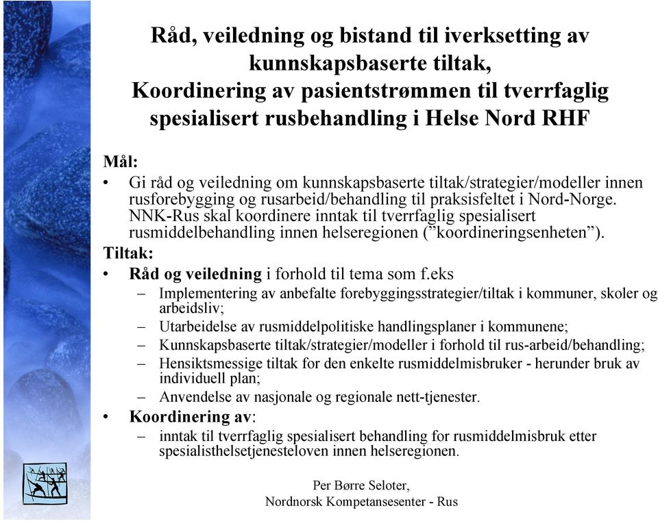 NNK-Rus skal koordinere inntak til tverrfaglig spesialisert rusmiddelbehandling innen helseregionen ( koordineringsenheten ). Tiltak: Råd og veiledning i forhold til tema som f.