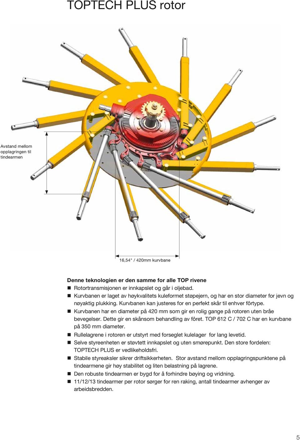 Kurvbanen har en diameter på 420 mm som gir en rolig gange på rotoren uten bråe bevegelser. Dette gir en skånsom behandling av fôret. TOP 612 C / 702 C har en kurvbane på 350 mm diameter.