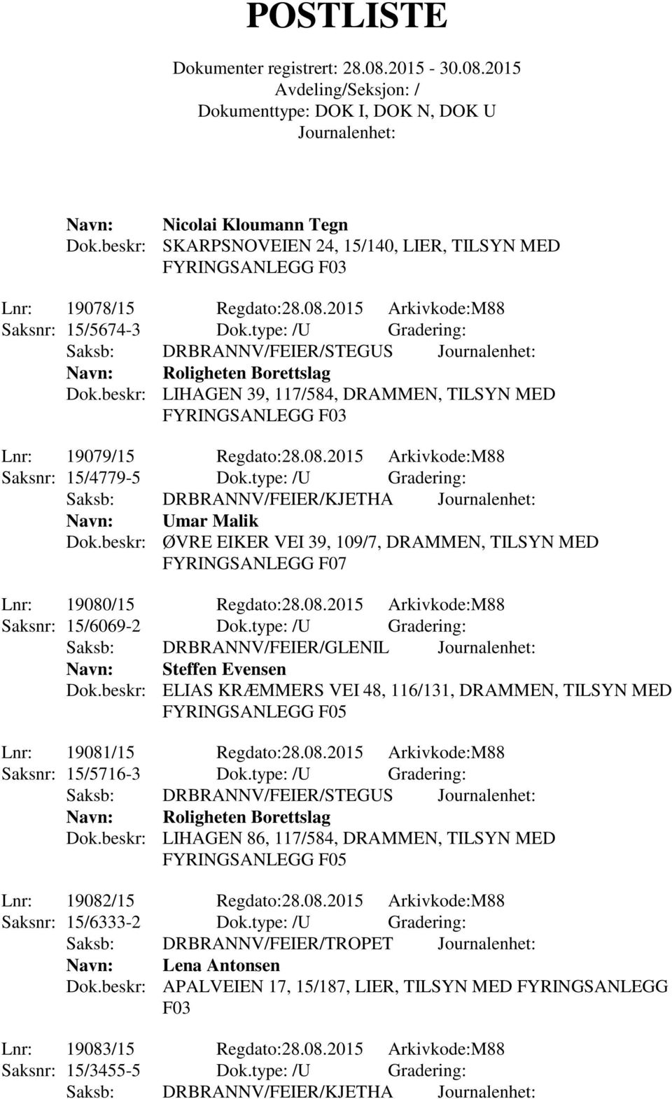 type: /U Gradering: Saksb: DRBRANNV/FEIER/KJETHA Navn: Umar Malik Dok.beskr: ØVRE EIKER VEI 39, 109/7, DRAMMEN, TILSYN MED Lnr: 19080/15 Regdato:28.08.2015 Arkivkode:M88 Saksnr: 15/6069-2 Dok.
