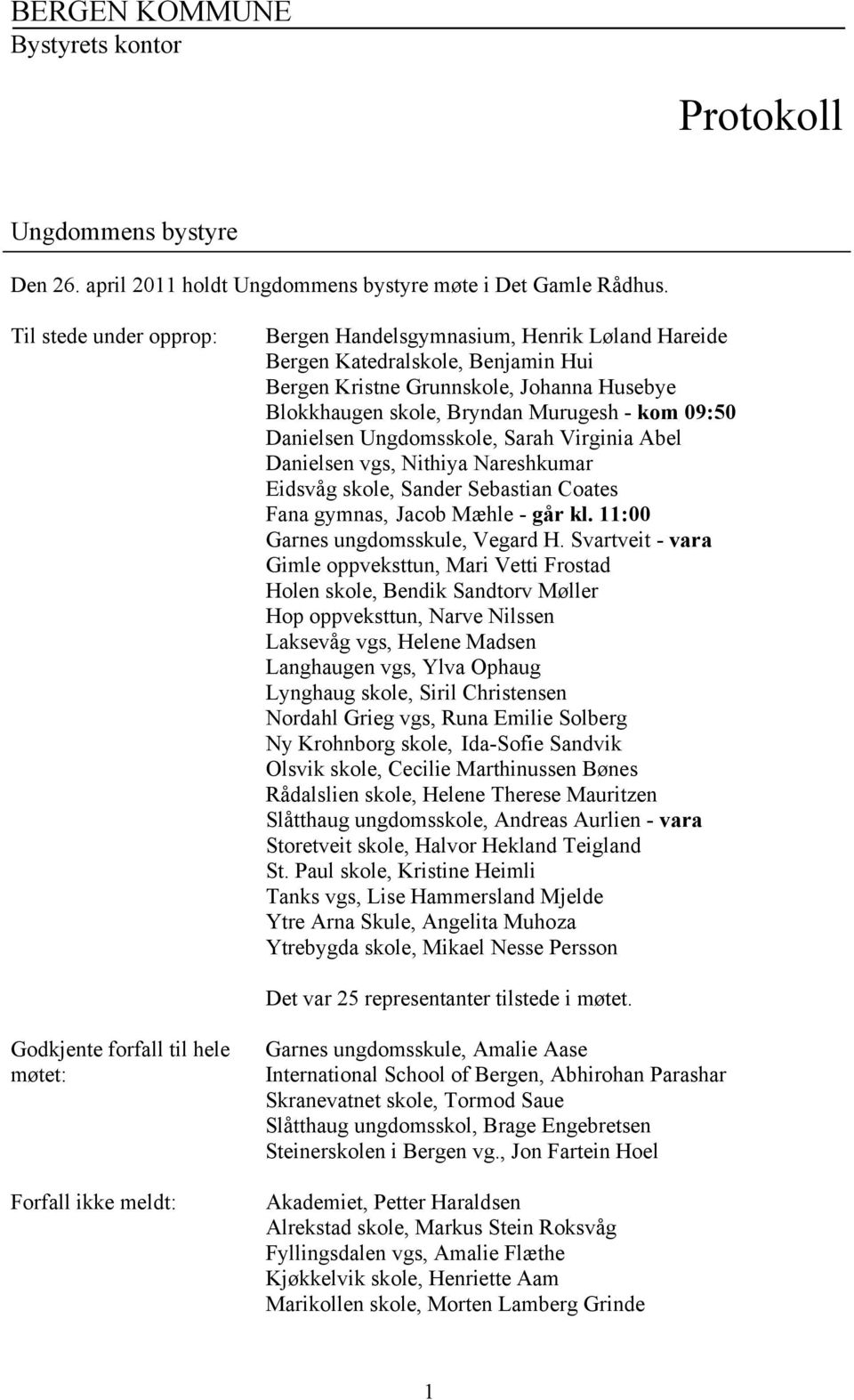 Danielsen Ungdomsskole, Sarah Virginia Abel Danielsen vgs, Nithiya Nareshkumar Eidsvåg skole, Sander Sebastian Coates Fana gymnas, Jacob Mæhle - går kl. 11:00 Garnes ungdomsskule, Vegard H.