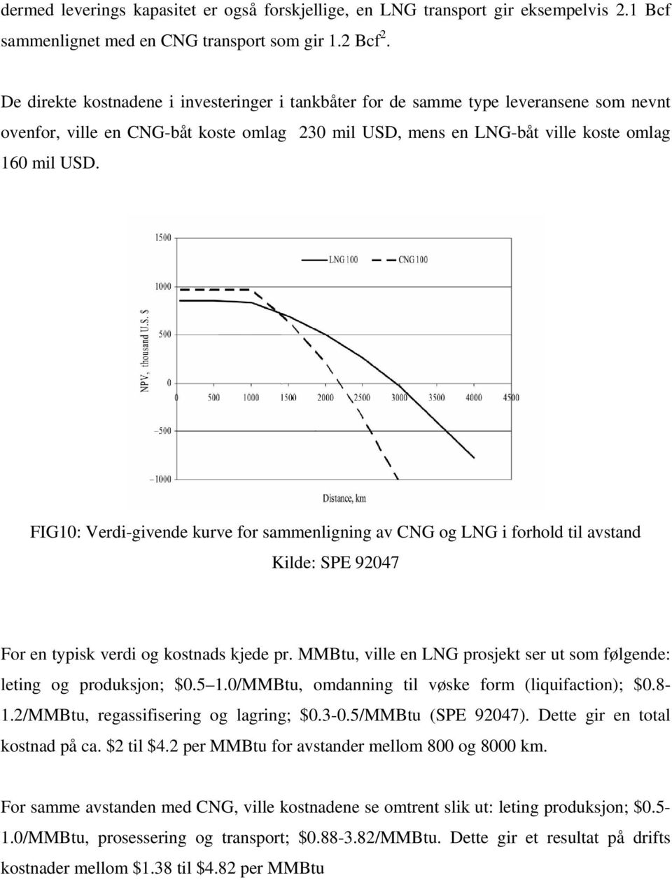 FIG10: Verdi-givende kurve for sammenligning av CNG og LNG i forhold til avstand For en typisk verdi og kostnads kjede pr. MMBtu, ville en LNG prosjekt ser ut som følgende: leting og produksjon; $0.