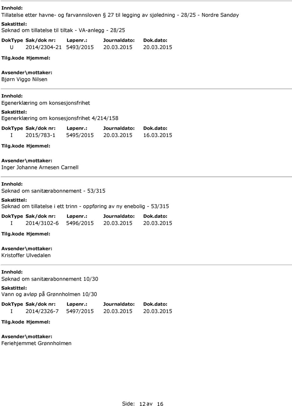 2015 nger Johanne Arnesen Carnell Søknad om sanitærabonnement - 53/315 Søknad om tillatelse i ett trinn - oppføring av ny enebolig - 53/315 2014/3102-6