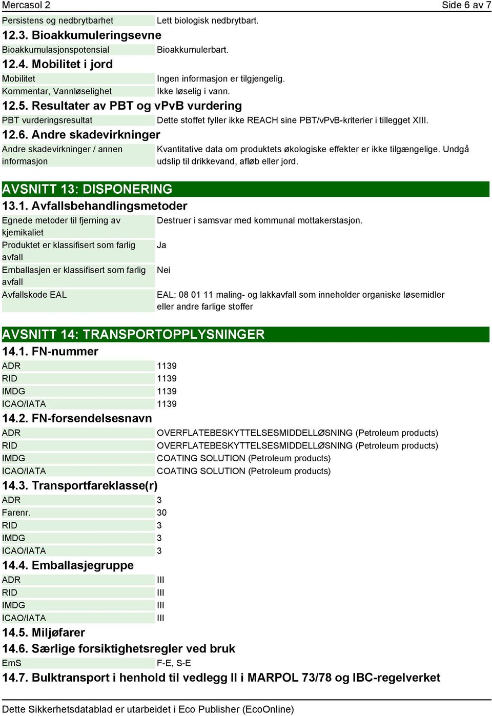 Resultater av PBT og vpvb vurdering PBT vurderingsresultat Dette stoffet fyller ikke REACH sine PBT/vPvB-kriterier i tillegget X. 12.6.