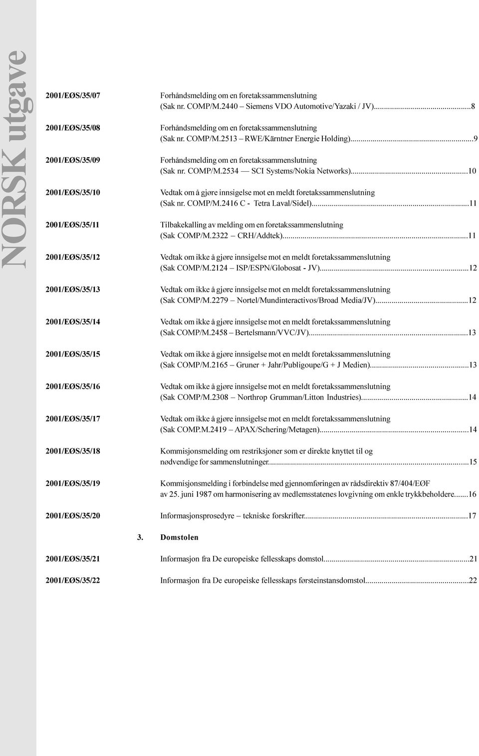 melding om en foretakssammenslutning (Sak COMP/M 2322 CRH/Addtek) 11 Vedtak om ikke å gjøre innsigelse mot en meldt foretakssammenslutning (Sak COMP/M 2124 ISP/ESPN/Globosat - JV) 12 2001/EØS/35/13