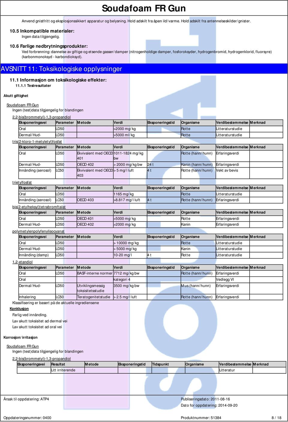 6 Farlige nedbrytningsprodukter: Ved forbrenning: dannelse av giftige og etsende gasser/damper (nitrogenholdige damper, fosforoksyder, hydrogenbromid, hydrogenklorid, fluorsyre) (karbonmonoksyd -