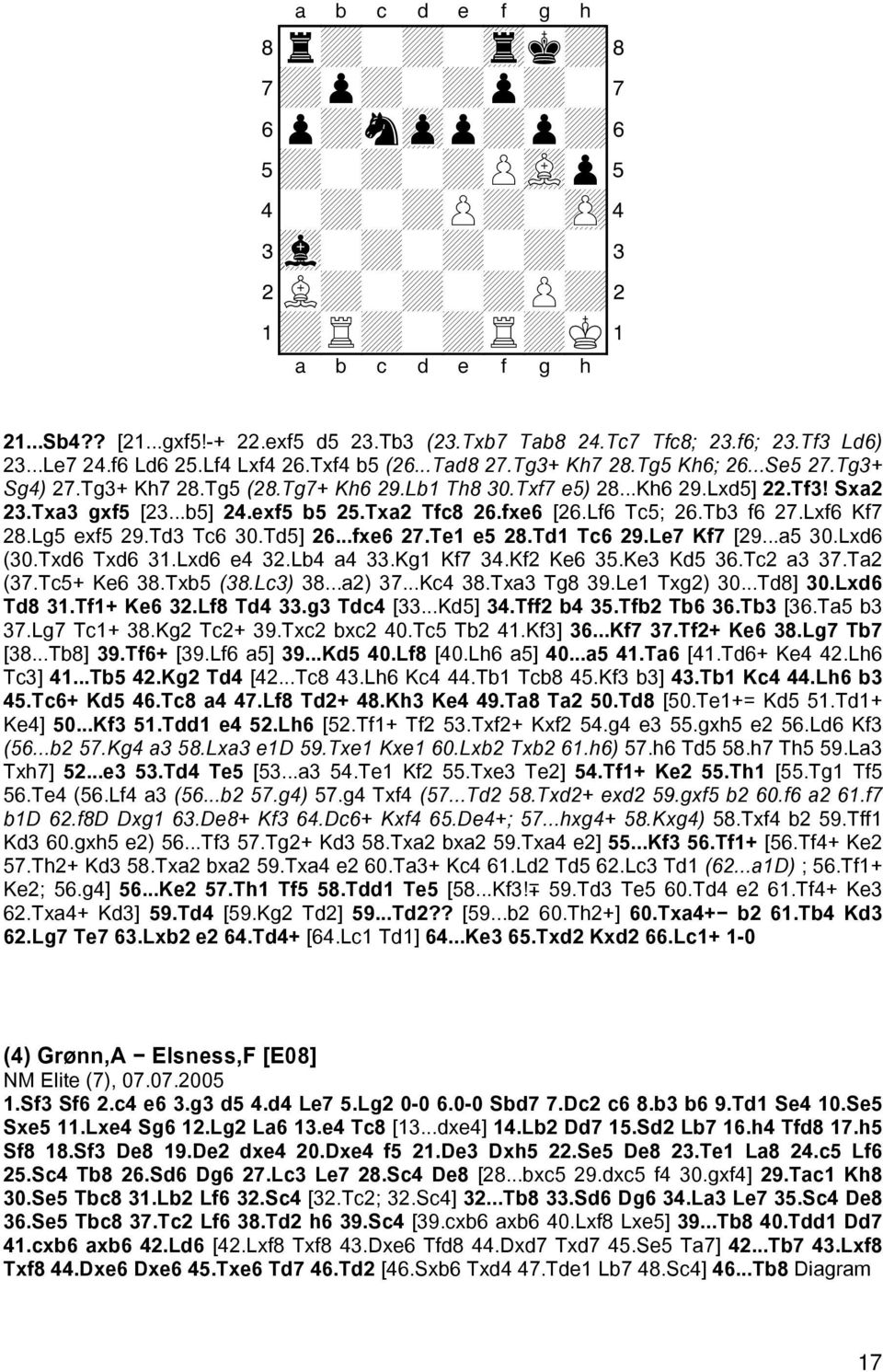 Txa3 gxf5 [23...b5] 24.exf5 b5 25.Txa2 Tfc8 26.fxe6 [26.Lf6 Tc5; 26.Tb3 f6 27.Lxf6 Kf7 28.Lg5 exf5 29.Td3 Tc6 30.Td5] 26...fxe6 27.Te1 e5 28.Td1 Tc6 29.Le7 Kf7 [29...a5 30.Lxd6 (30.Txd6 Txd6 31.