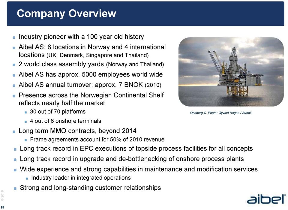 7 BNOK (2010) Presence across the Norwegian Continental Shelf reflects nearly half the market 30 out of 70 platforms 4 out of 6 onshore terminals Long term MMO contracts, beyond 2014 Frame agreements