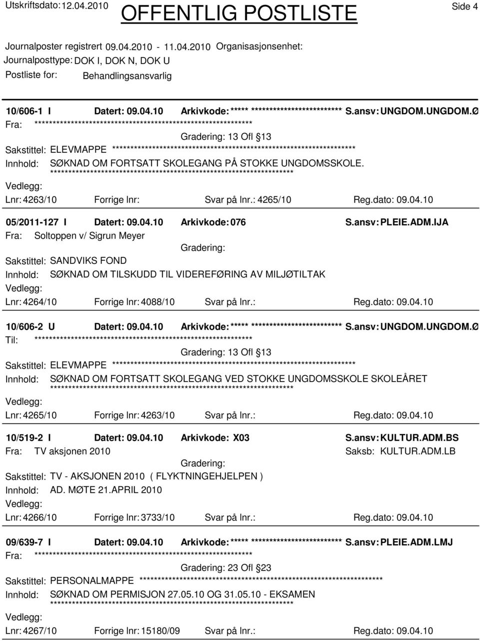 IJA Fra: Soltoppen v/ Sigrun Meyer Sakstittel: SANDVIKS FOND Innhold: SØKNAD OM TILSKUDD TIL VIDEREFØRING AV MILJØTILTAK Lnr: 4264/10 Forrige lnr: 4088/10 Svar på lnr.: Reg.dato: 09.04.