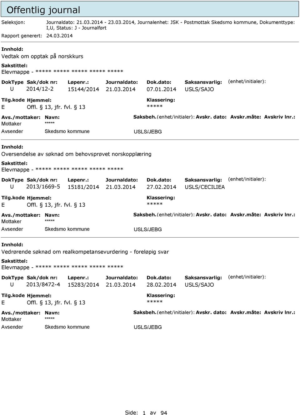 : SLS/JBG Oversendelse av søknad om behovsprøvet norskopplæring levmappe - 2013/1669-5 15181/2014 27.02.2014 SLS/CCL vs./mottaker: Navn: Saksbeh. vskr. dato: vskr.