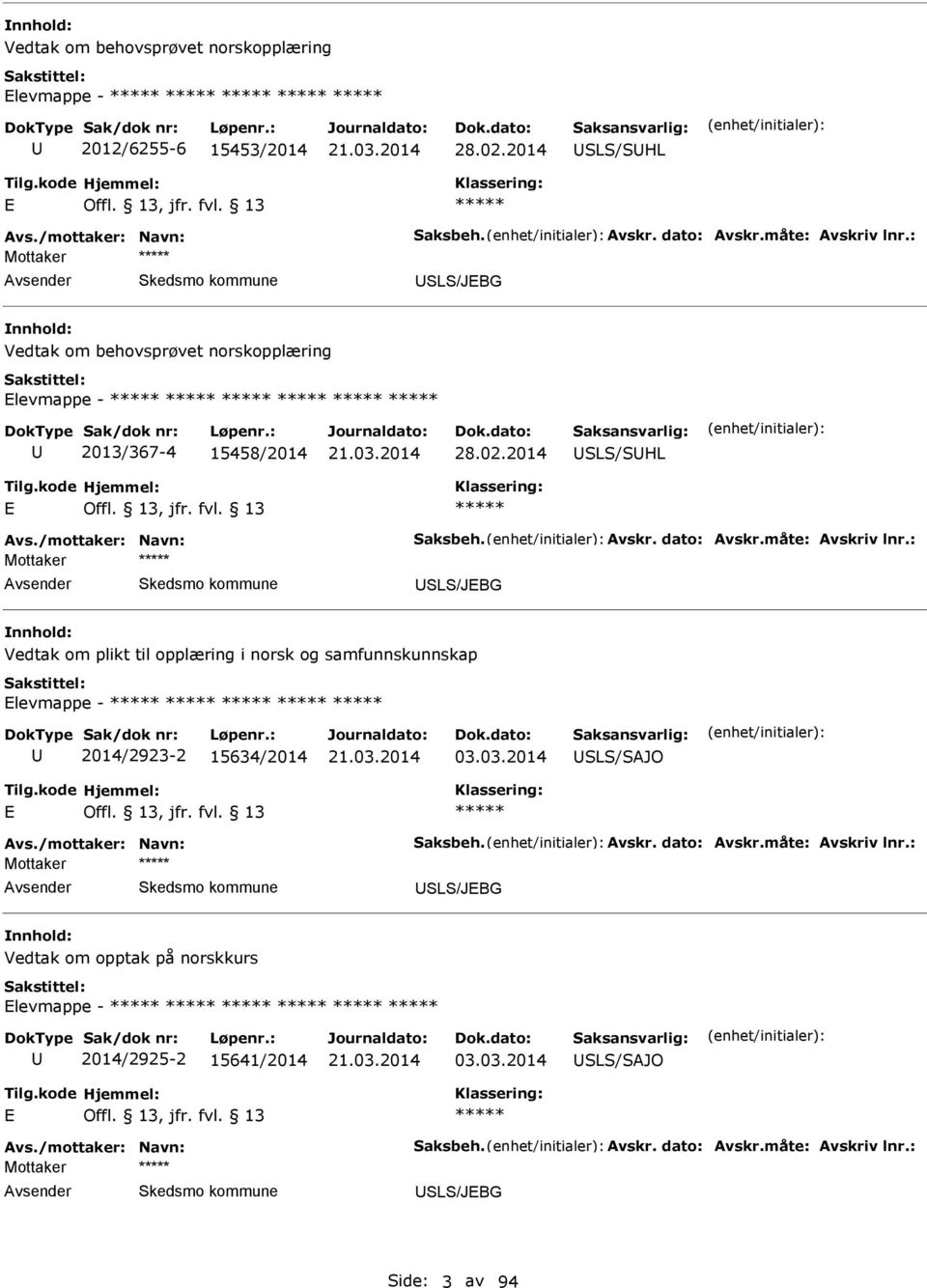 : SLS/JBG Vedtak om plikt til opplæring i norsk og samfunnskunnskap levmappe - 2014/2923-2 15634/2014 03.03.2014 SLS/SJO vs./mottaker: Navn: Saksbeh. vskr. dato: vskr.