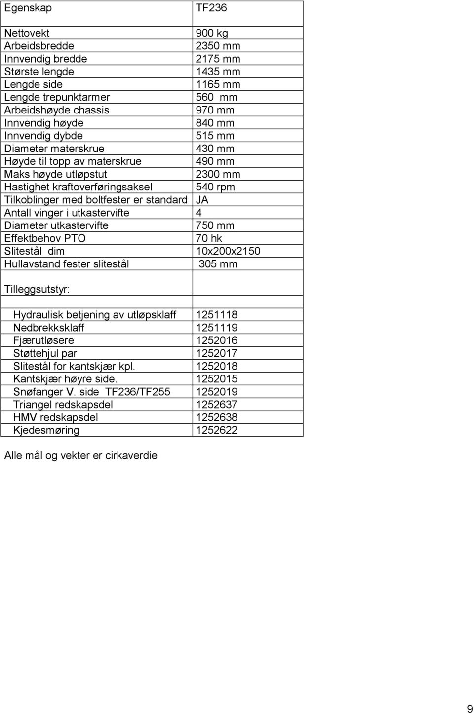 fester slitestål 900 kg 2350 mm 2175 mm 1435 mm 1165 mm 560 mm 970 mm 840 mm 515 mm 430 mm 490 mm 2300 mm 540 rpm JA 4 750 mm 70 hk 10x200x2150 305 mm Tilleggsutstyr: Hydraulisk betjening av