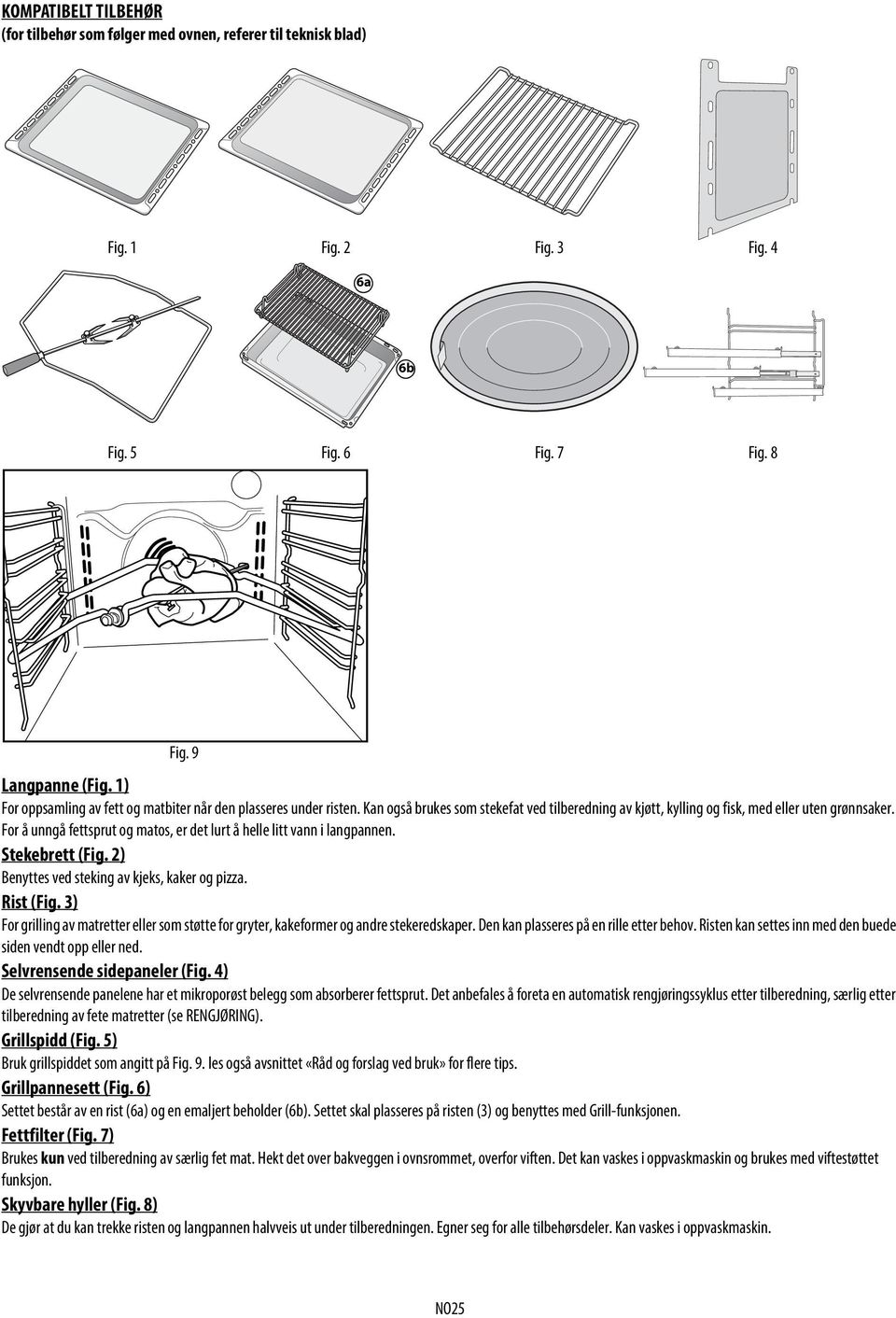 For å unngå fettsprut og matos, er det lurt å helle litt vann i langpannen. Stekebrett (Fig. 2) Benyttes ved steking av kjeks, kaker og pizza. Rist (Fig.