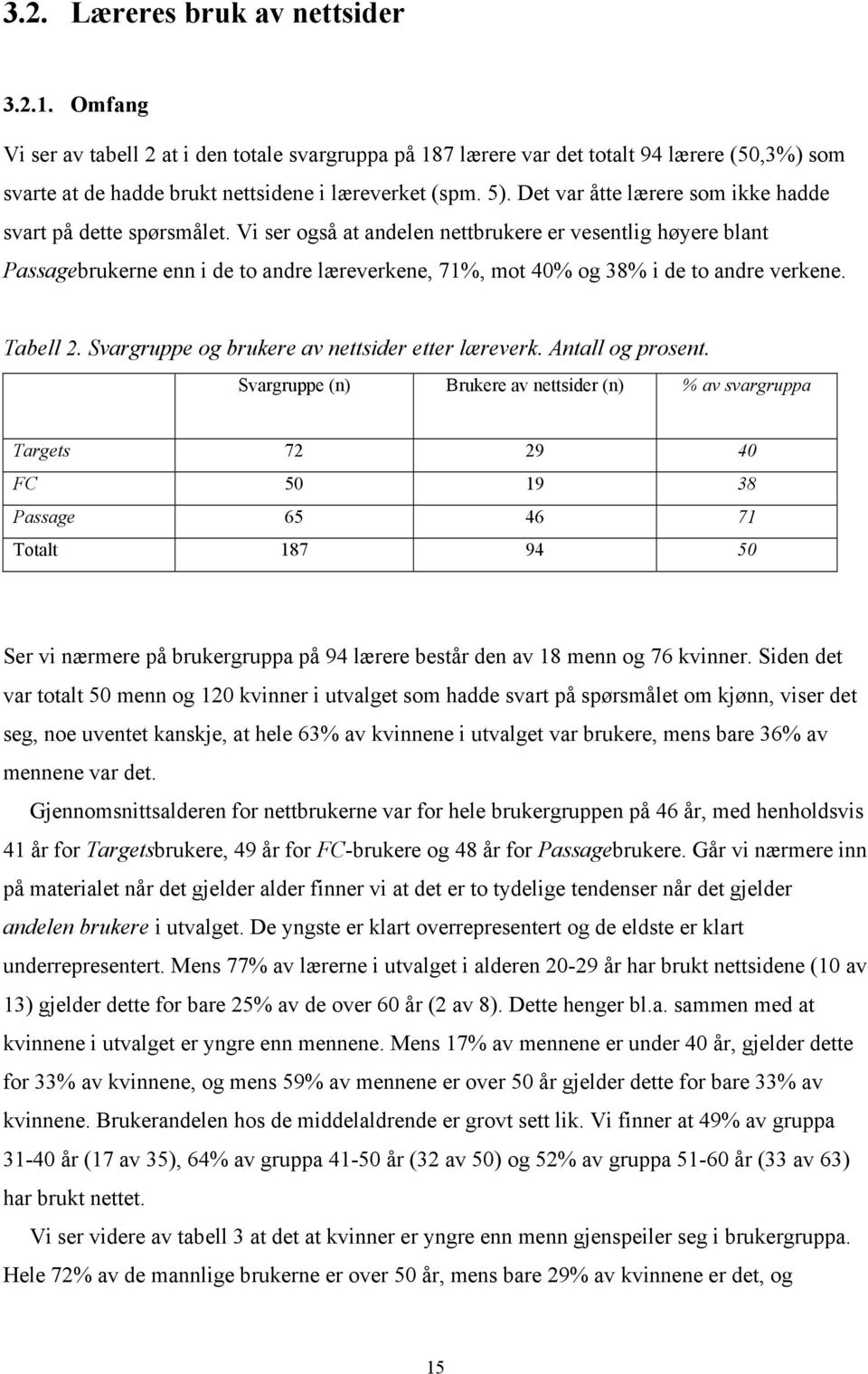 Vi ser også at andelen nettbrukere er vesentlig høyere blant Passagebrukerne enn i de to andre læreverkene, 71%, mot 40% og 38% i de to andre verkene. Tabell 2.