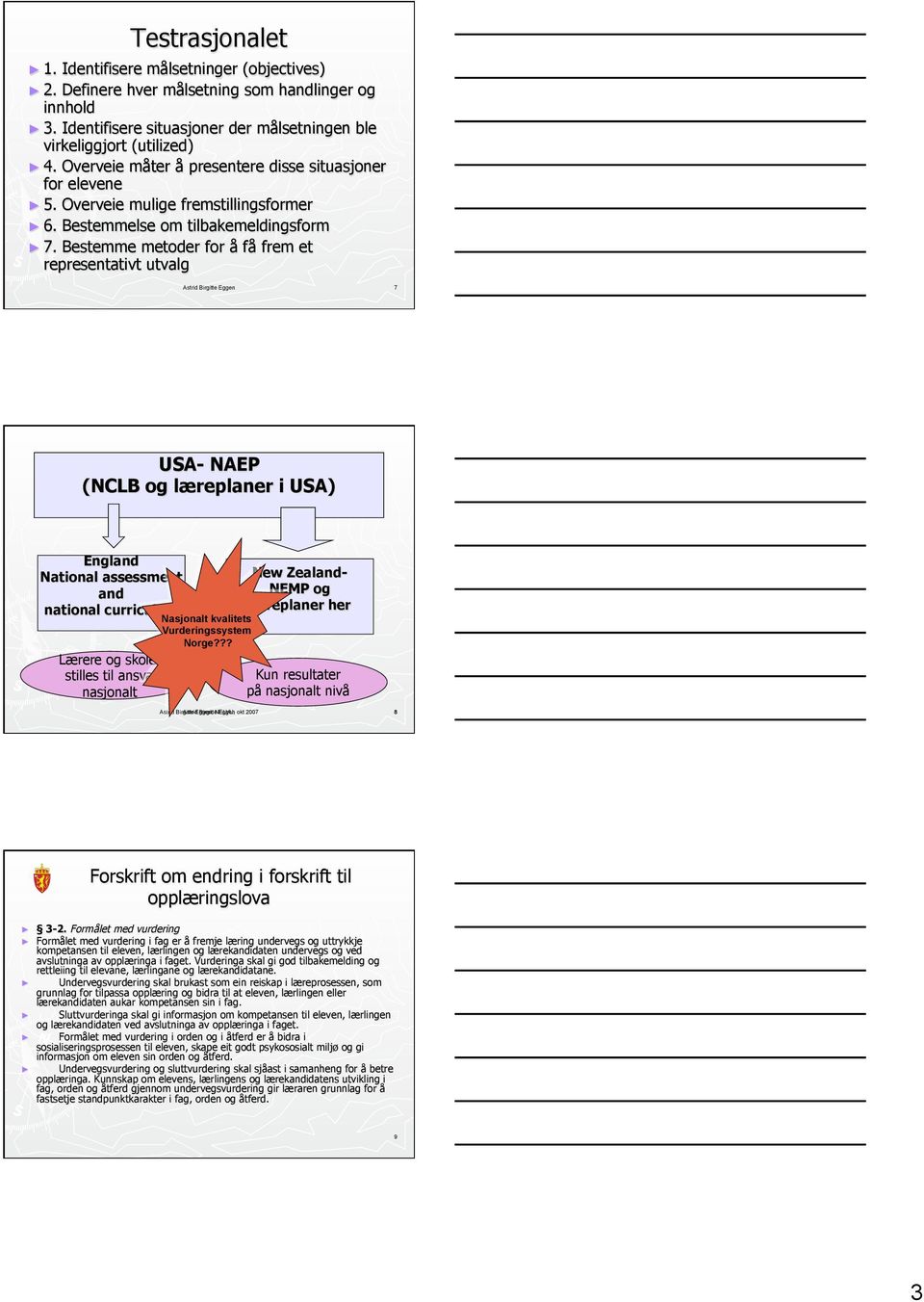 Bestemme metoder for å få frem et representativt utvalg Astrid Birgitte Eggen 7 USA- NAEP (NCLB og læreplaner i USA) England National assessment and national curriculum Lærere og skoler stilles til
