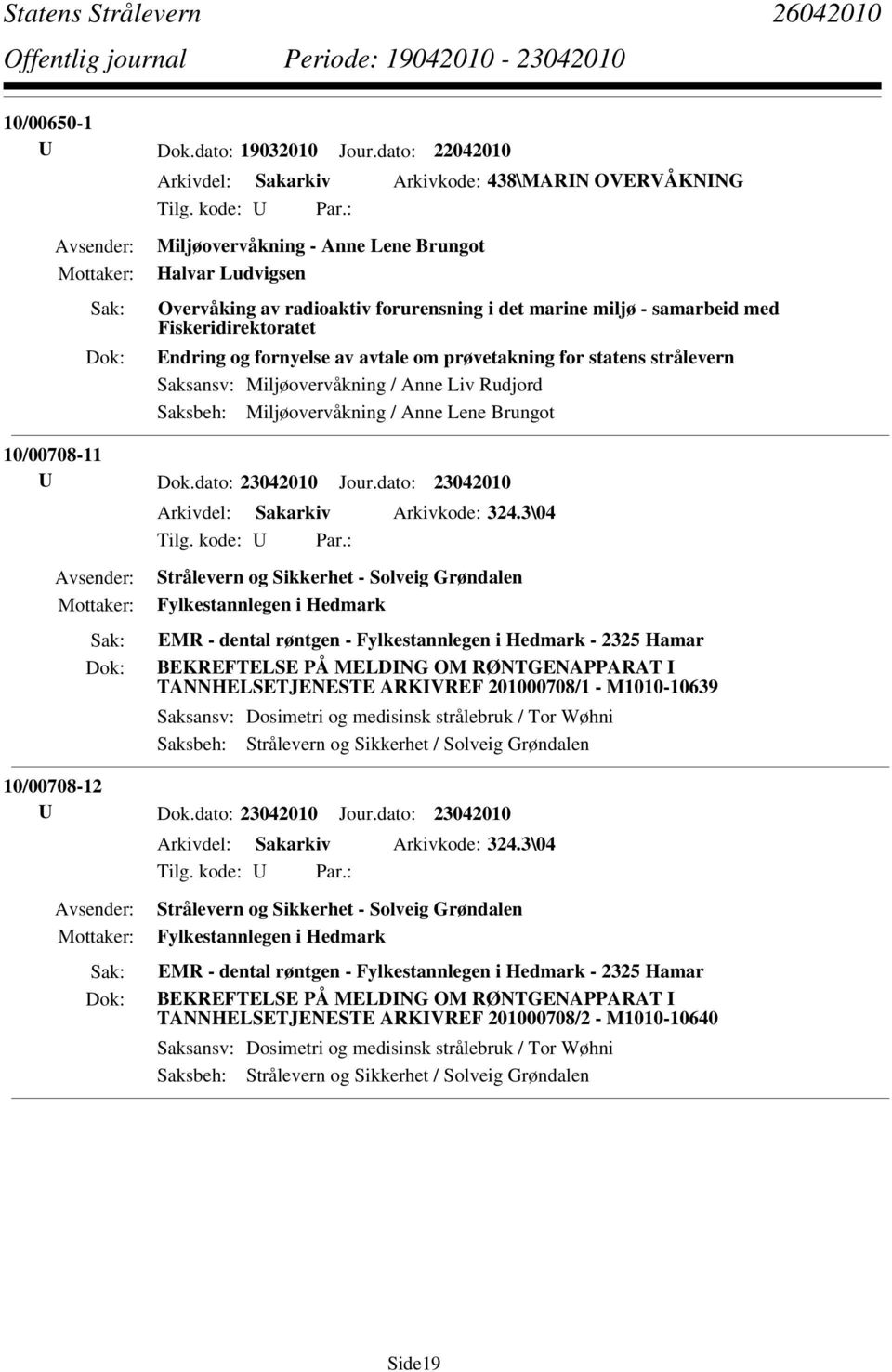 Fiskeridirektoratet Endring og fornyelse av avtale om prøvetakning for statens strålevern Saksansv: Miljøovervåkning / Anne Liv Rudjord Saksbeh: Miljøovervåkning / Anne Lene Brungot 10/00708-11