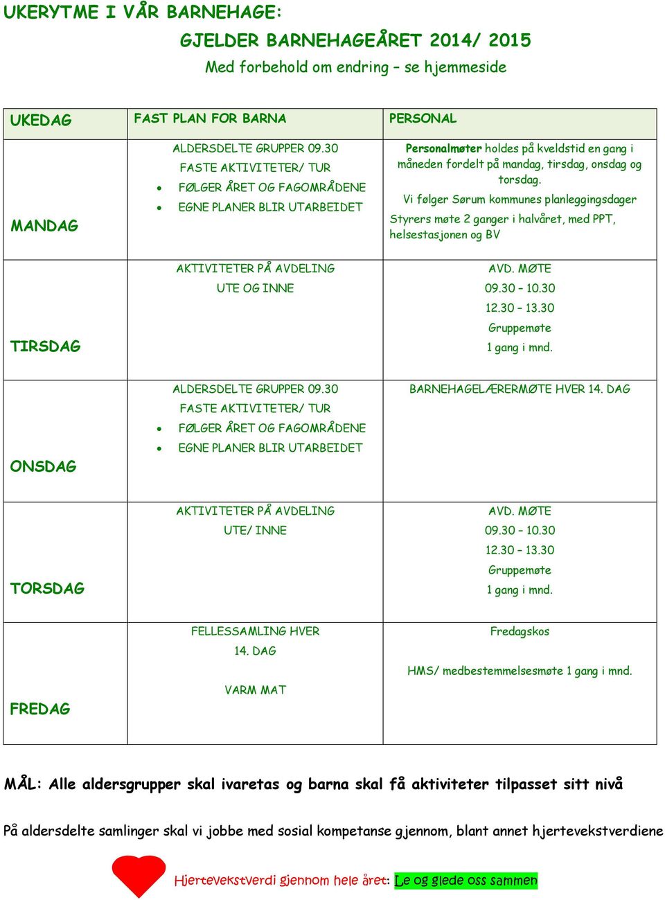 Vi følger Sørum kmmunes planleggingsdager Styrers møte 2 ganger i halvåret, med PPT, helsestasjnen g BV AKTIVITETER PÅ AVDELING AVD. MØTE UTE OG INNE 09.30 10.30 12.30 13.