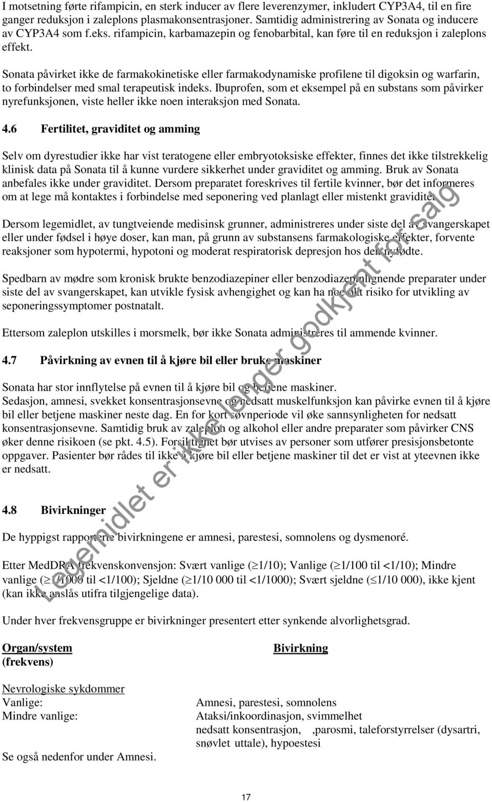 Sonata påvirket ikke de farmakokinetiske eller farmakodynamiske profilene til digoksin og warfarin, to forbindelser med smal terapeutisk indeks.