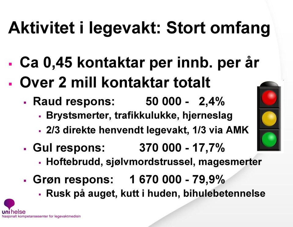 trafikkulukke, hjerneslag 2/3 direkte henvendt legevakt, 1/3 via AMK Gul respons: 370