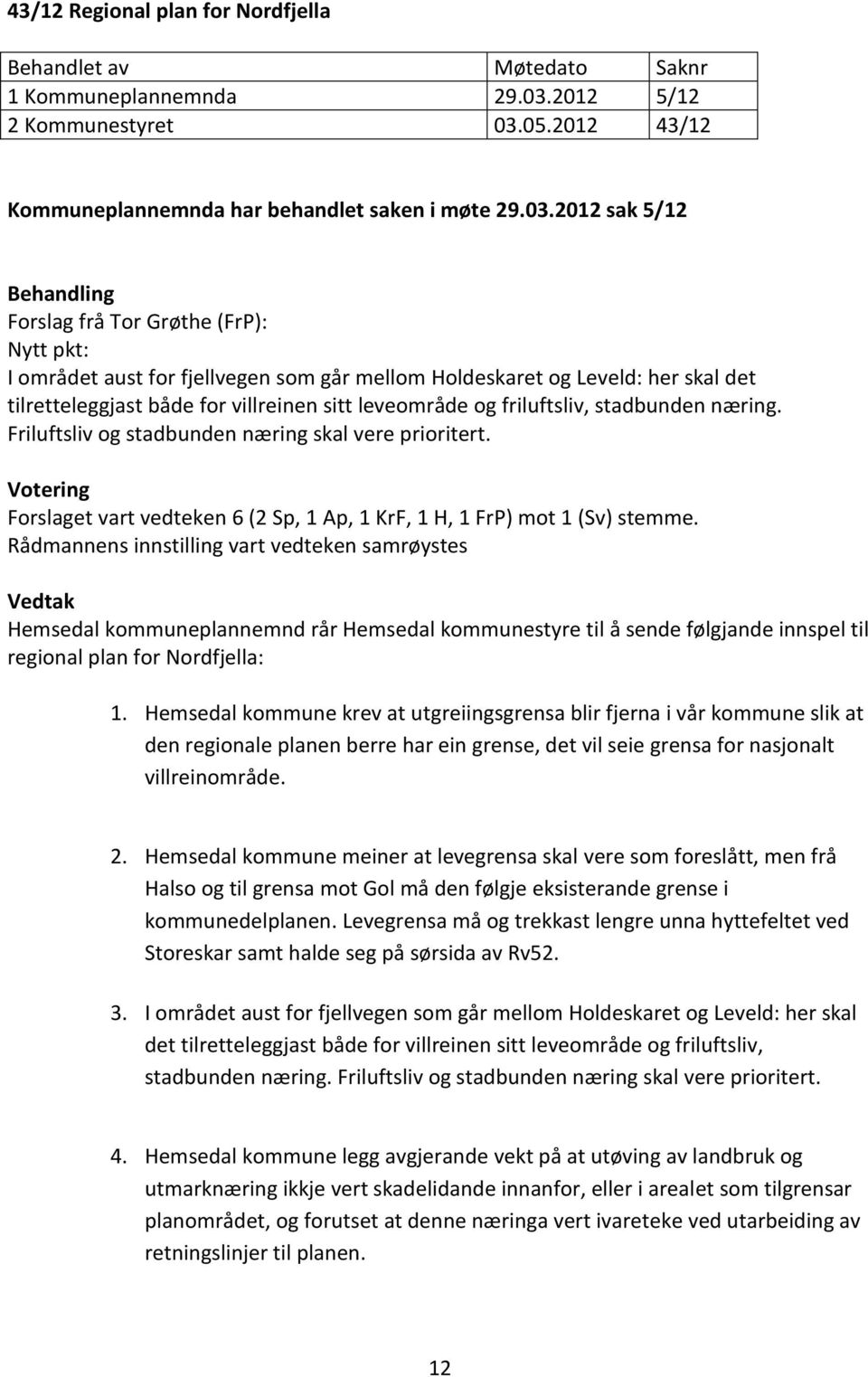 05.2012 43/12 Kommuneplannemnda har behandlet saken i møte 29.03.