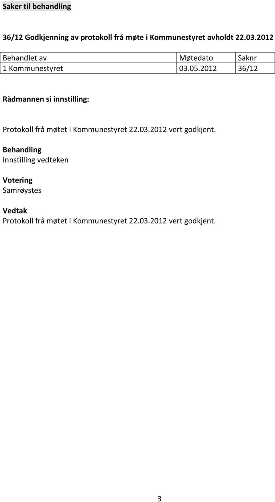 2012 36/12 Rådmannen si innstilling: Protokoll frå møtet i