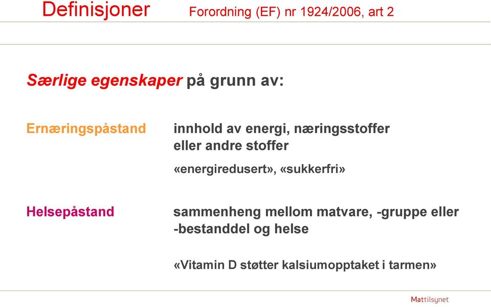 stoffer «energiredusert», «sukkerfri» Helsepåstand sammenheng mellom