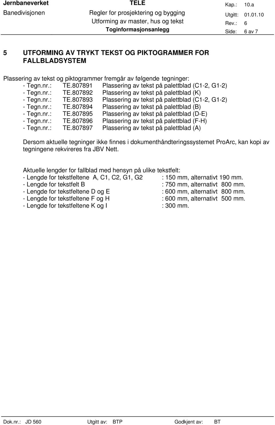 nr.: TE.807895 Plassering av tekst på palettblad (D-E) - Tegn.nr.: TE.807896 Plassering av tekst på palettblad (F-H) - Tegn.nr.: TE.807897 Plassering av tekst på palettblad (A) Aktuelle lengder for fallblad med hensyn på ulike tekstfelt: - Lengde for tekstfeltene A, C1, C2, G1, G2 : 150 mm, alternativt 190 mm.