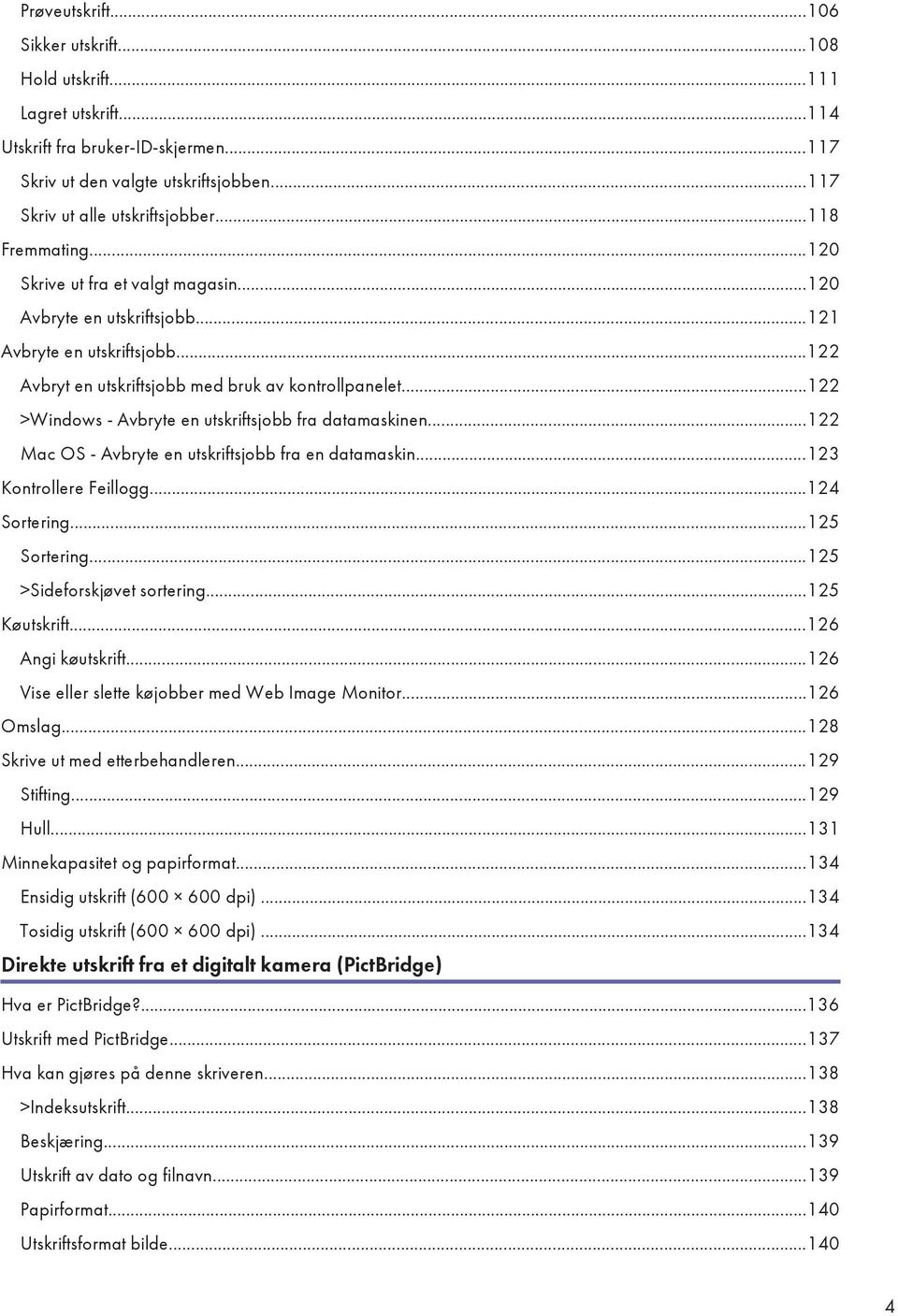 ..122 >Windows - Avbryte en utskriftsjobb fra datamaskinen...122 Mac OS - Avbryte en utskriftsjobb fra en datamaskin...123 Kontrollere Feillogg...124 Sortering...125 Sortering.