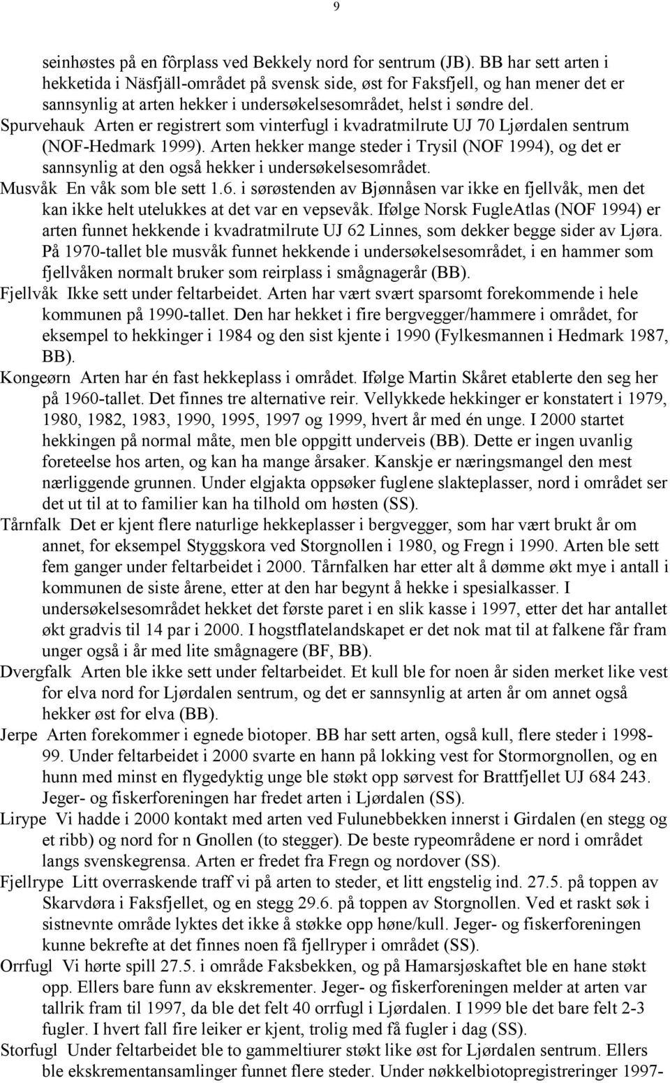 Spurvehauk Arten er registrert som vinterfugl i kvadratmilrute UJ 70 Ljørdalen sentrum (NOF-Hedmark 1999).
