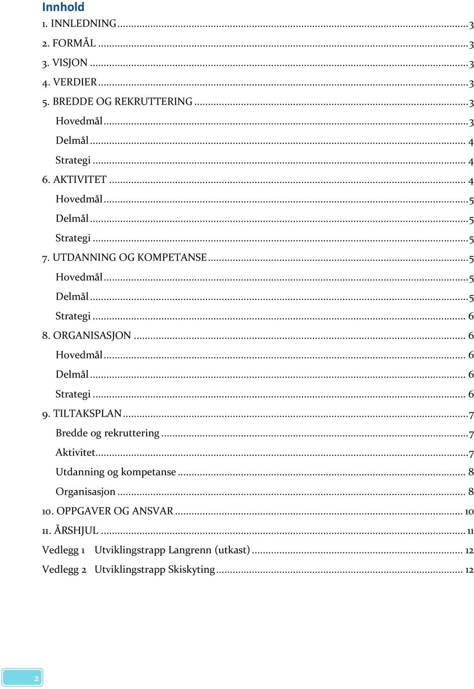 .. 6 Delmål... 6... 6 9. TILTAKSPLAN... 7 Bredde og rekruttering... 7 Aktivitet... 7 Utdanning og kompetanse... 8 Organisasjon... 8 10.